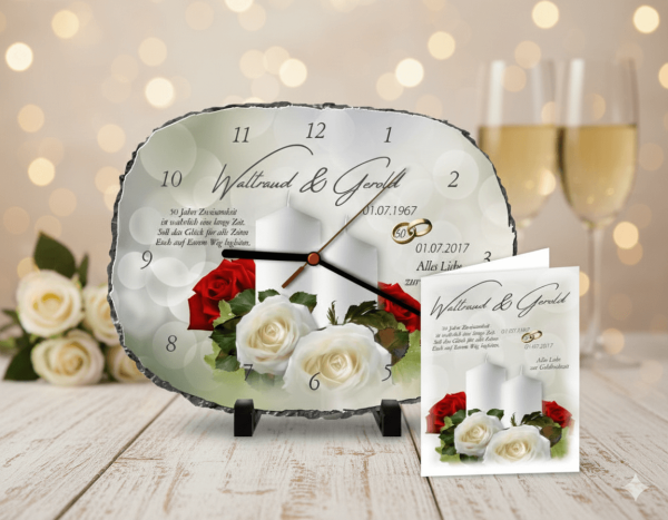 Personalisierte ovale Schieferuhr Motiv 14 zur Goldenen Hochzeit mit passender A5 Grußkarte